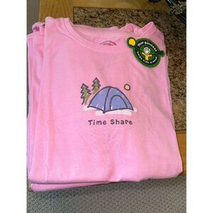 NWT Life Is Good Womens Relaxed Fit Pink T-Shirt Size L "Time Share" Camping Gra